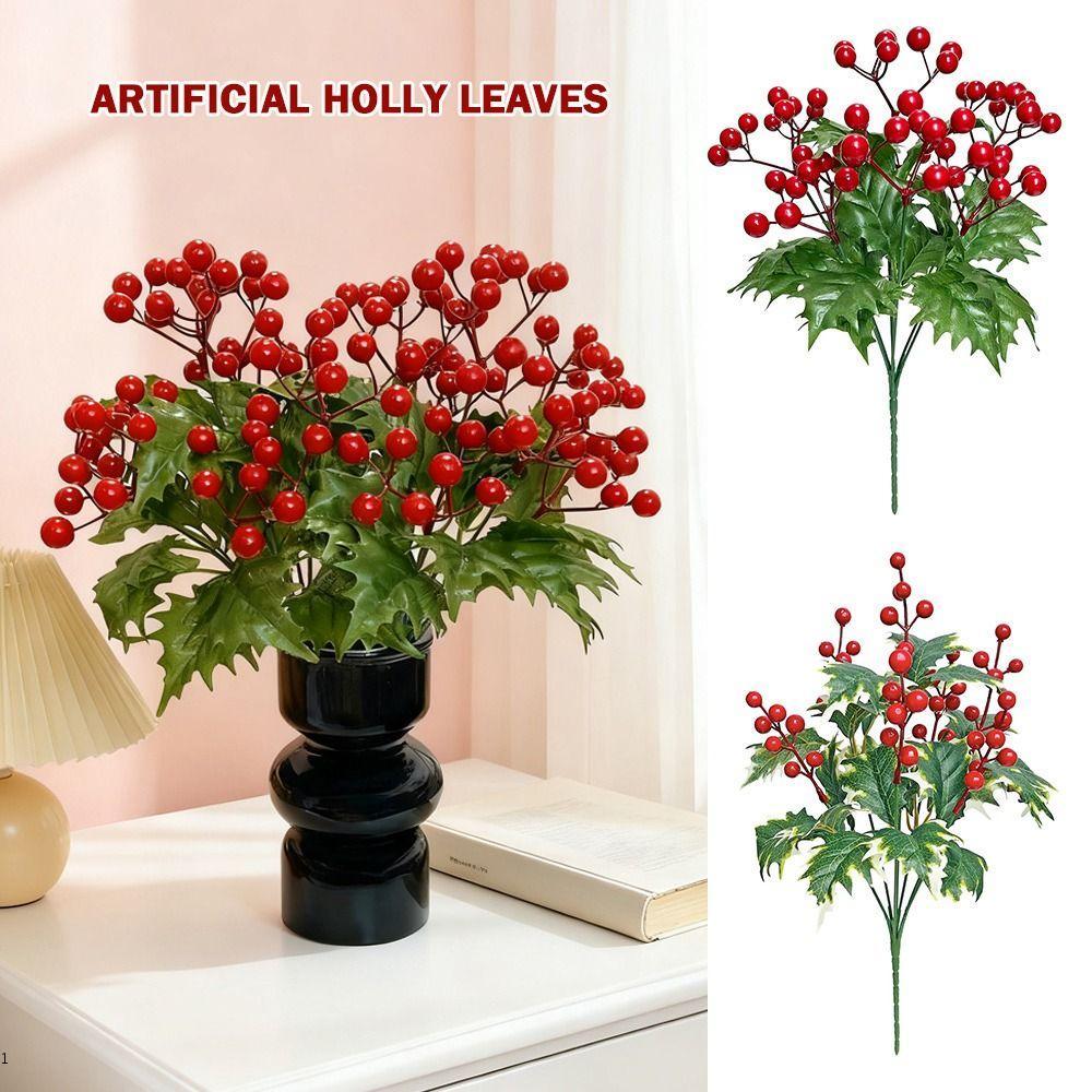 ไข่มุก ประดิษฐ์คริสต์มาสเบอร์รี่,7Branches Red Berries พืชประดิษฐ์, โฟมเหมือนจริงสีเขียว Holly Leave