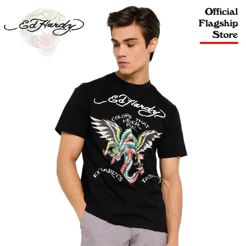 Ed Hardy ผู้ชายผู้หญิงสไตล์เดียวกันหลวม All-Match โลโก้สีพิมพ์เสื้อยืดแขนสั้นขนาดใหญ่ 555