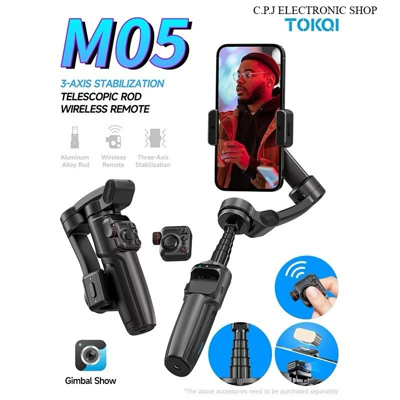 TOKQI M05 ไม้กันสั่น รุ่นใหม่ Gimbal 3 เเกน ไม้เซลฟี่ แกนยืดหดในตัว พร้อมRemote พกพาง่าย