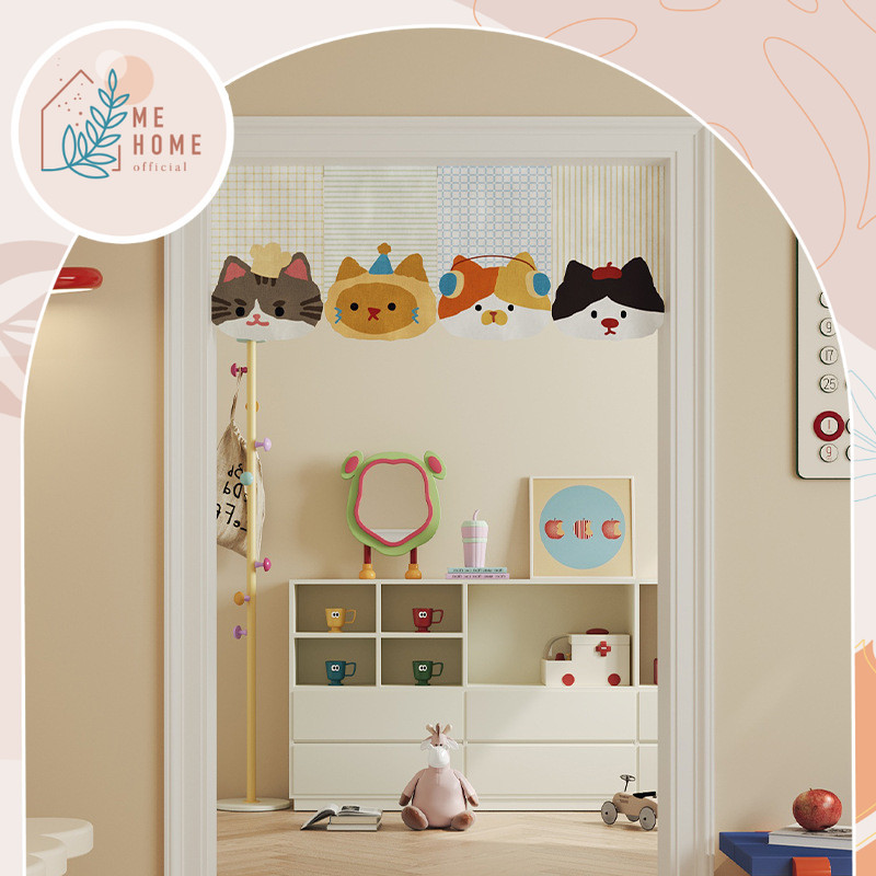 ม่านประตูแมวน้อย ราวแขวนม่าน30x50cm ผ้าม่านประตูครึ่ง ผ้าม่าน ลายน้องแมว ม่านแบบสอดราง ผ้าม่าน