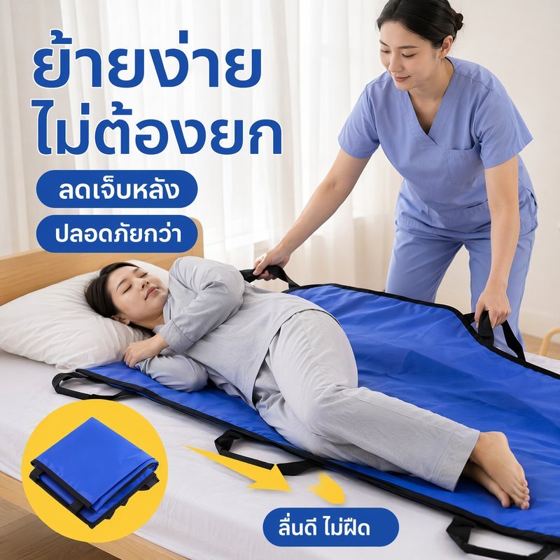 ผ้าพลิกตัวผู้ป่วย แผ่นเคลื่อนย้ายผู้ป่วย กันน้ำ ระบายอากาศ 8 หูจับ ผู้สูงอายุ ผู้ป่วยติดเตียง
