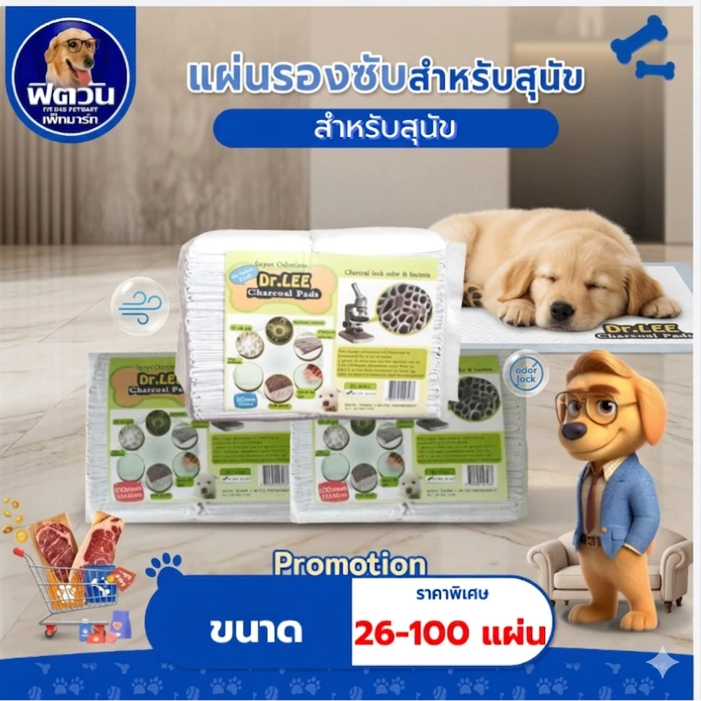 Dr.Lee- แผ่นรองซับสุนัข สูตรชาโคล มี 4 ขนาด{ผ้าอ้อม/แผ่นรอง}