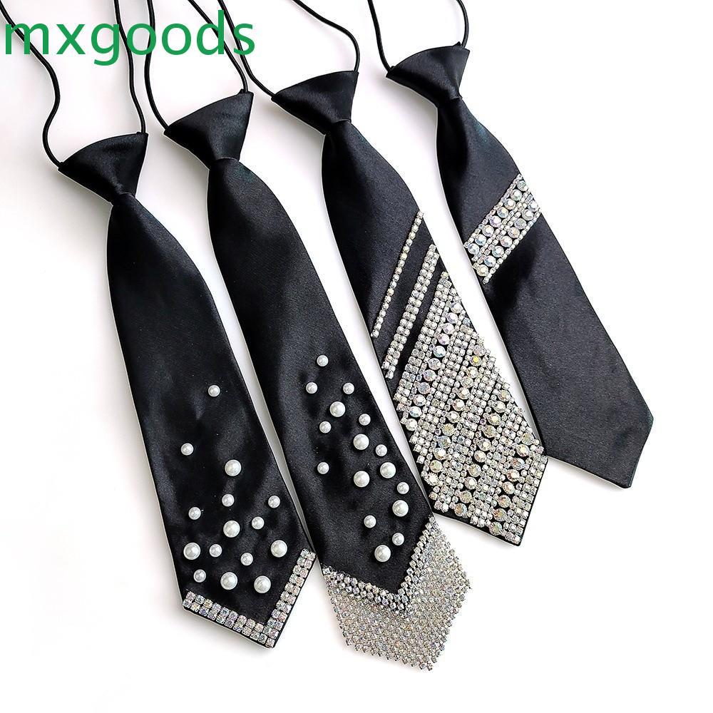 MXGOODS Pearls Tie, Rhinestone สไตล์เกาหลี Hand-bead ยาวเนคไท,สีดําสไตล์วิชาการ Collares ตกแต่งเสื้อ Tie ผู้หญิง