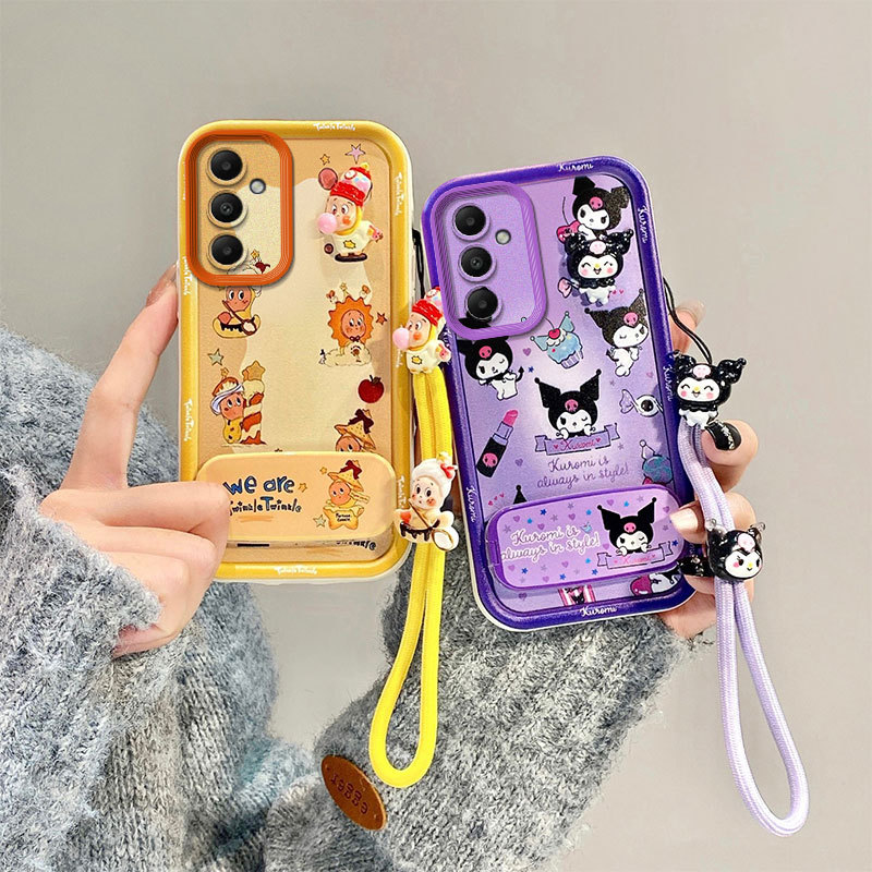 สําหรับ Samsung Galaxy A15 4G/5G หมีสีเหลืองน่ารักและสีม่วงกระต่ายการ์ตูนเคสโทรศัพท์ 3D รูปตกแต่งซิลิโคนอ่อนนุ่มกันกระแทกพร้อมสายคล้องมือจับคู่