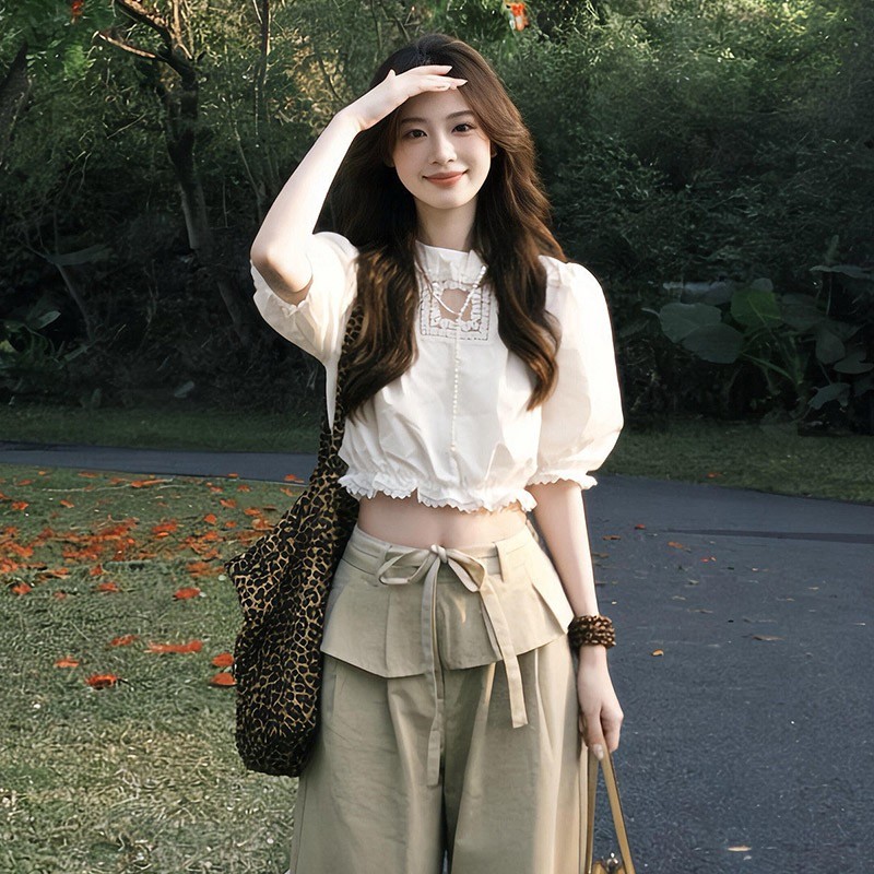 สี่ด้านยืดฤดูร้อนสไตล์เกาหลีออกแบบเสื้อยืดสีขาวผู้หญิงสไตล์ใหม่ขนาดเล็กสุดฮอตสั้นขนแกะยอดนิยม Guan Me Ge Xi V0JU