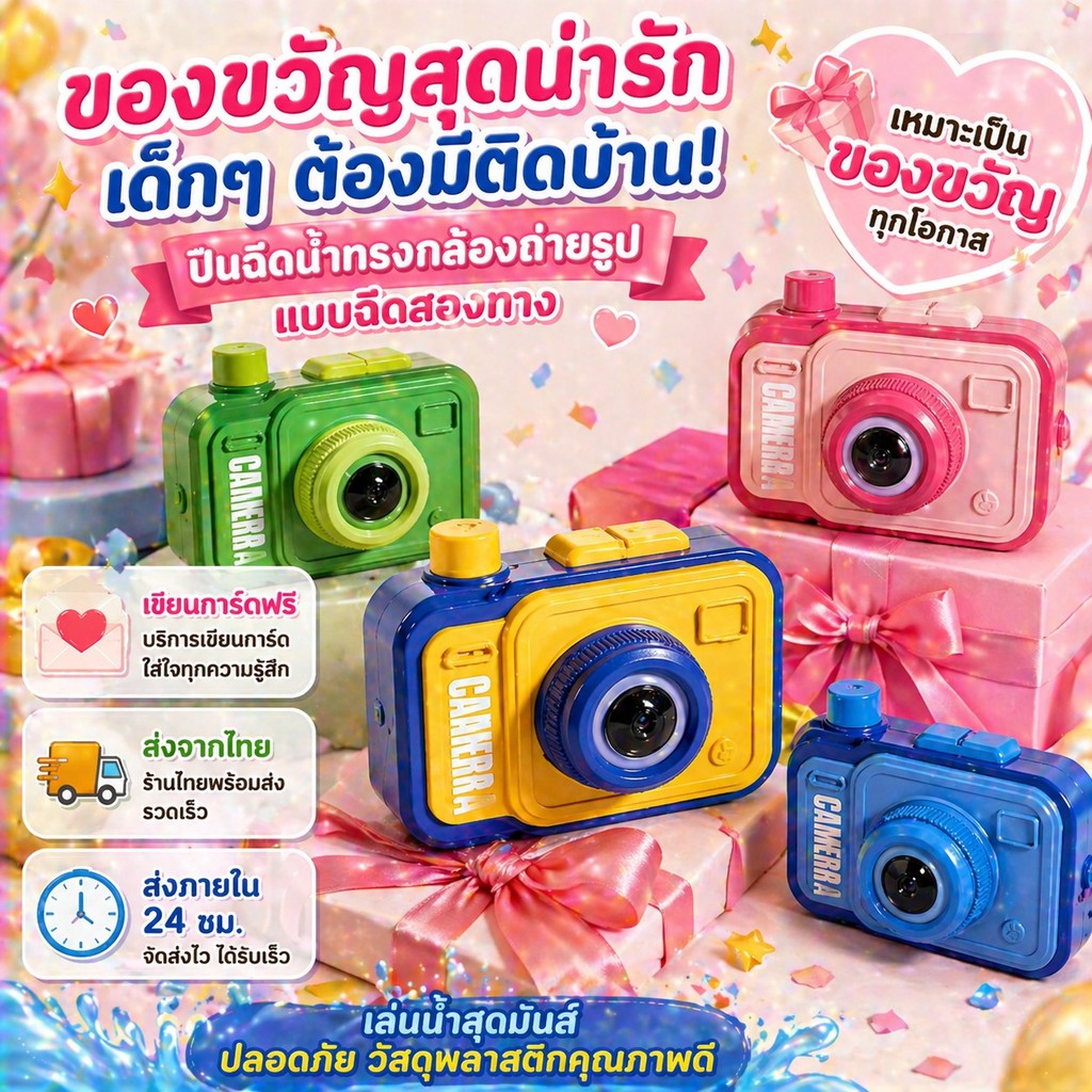 ของเล่นฉีดน้ำ รูปกล้องถ่ายรูป ฉีดน้ำได้สองด้าน ปืนฉีดน้ำแกล้งคน ปืนฉีดน้ำสงกรานต์ ของขวัญเด็ก