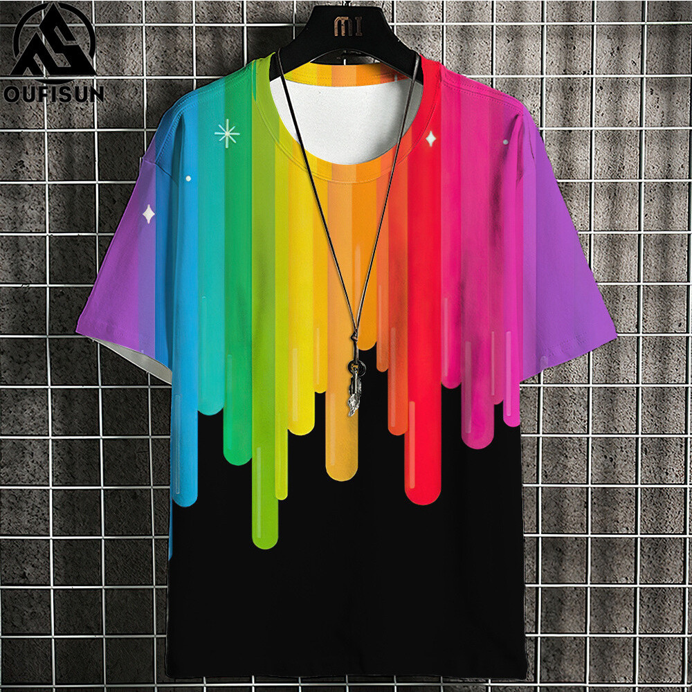 2026 Pride Month men's clothing 3D rainbow printed T-shirt large size short sleeve summer street men's casual T-shirts