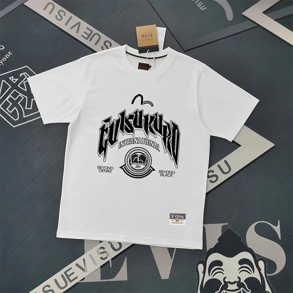 EVISU/God of Fortune 2026 Plus ขนาด 6XL Star รอบคอแขนสั้นเสื้อยืดคู่สไตล์ผู้ชายฤดูร้อนสไตล์อเมริกันแ