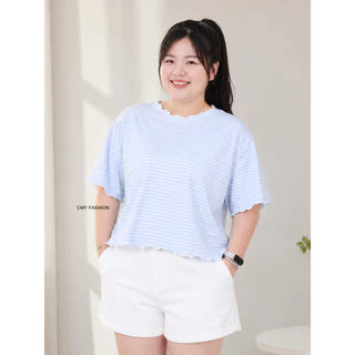 เสื้อยืดสาวอวบ คอแต่งระบาย ลายริ้ว เนื้อผ้านิ่ม ใส่สบาย ระบายอากาศดี สไตล์มินิมอล สาวอวบใส่สวย tb8202#