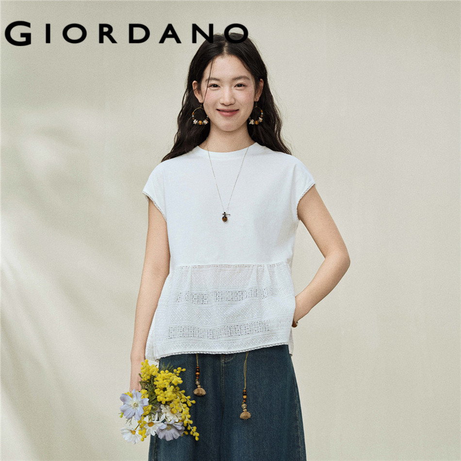 GIORDANO WOMEN Knit Lace Hem Round Neck Short Sleeve T-Shirt with Flutter Sleeves - Stylish & Durable 18326704
