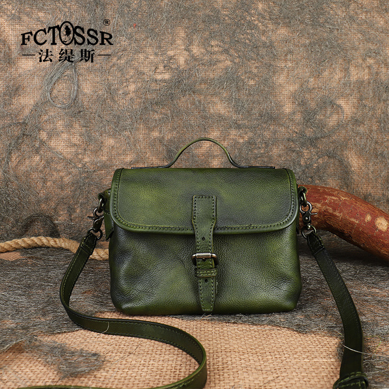 Fatis Niche Design Retro Cowhide ไหล่กระเป๋าสี่เหลี่ยมเล็กสุภาพสตรีกระเป๋าสะพายหนังแท้ Cross-body Ha