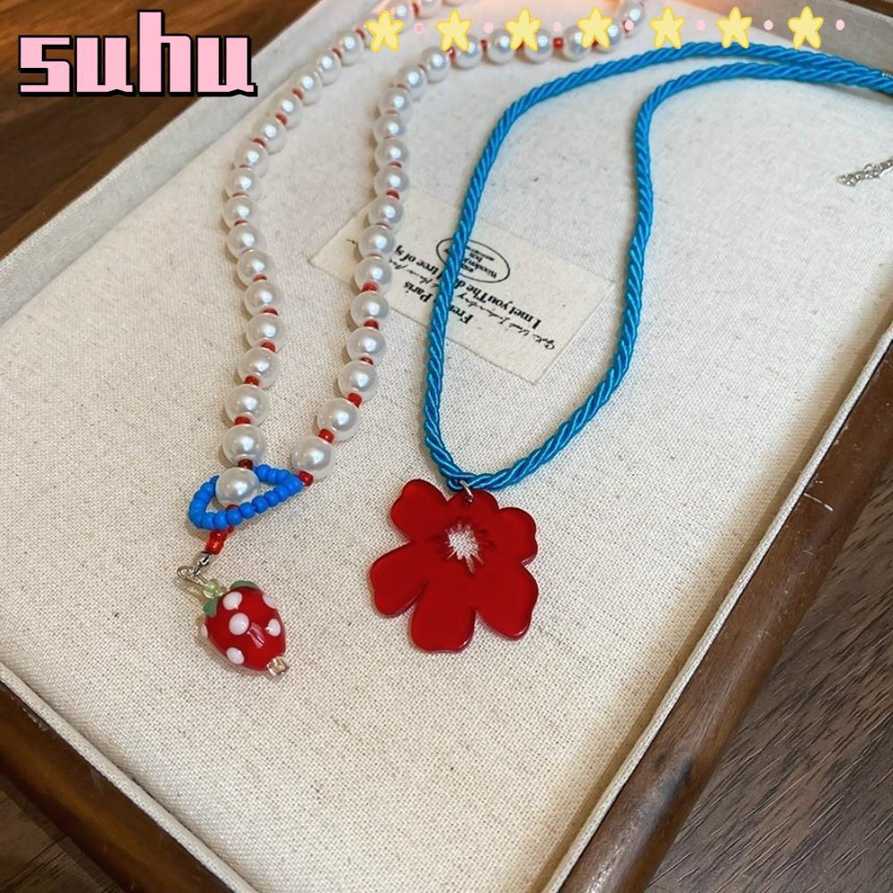 SUHUHD สร้อยคอเชือกถัก 2pca, จี้สตรอเบอร์รี่สร้อยคอดอกไม้อะคริลิค, โซ่ลูกปัดจําลองชั้นหวานฤดูร้อน