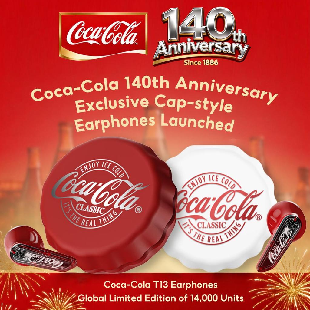Coca-Cola T13 หูฟังไร้สายบลูทูธกึ่งอินเอียร์ไดนามิกไดร์เวอร์ 13 มม. ตัดเสียงรบกวน ENC Bluetooth 5.4 อายุการใช้งานแบตเตอรี่สูงสุด 15 ชม. ระบบควบคุมแบบสัมผัสการชาร์จอย่างรวดเร็ว