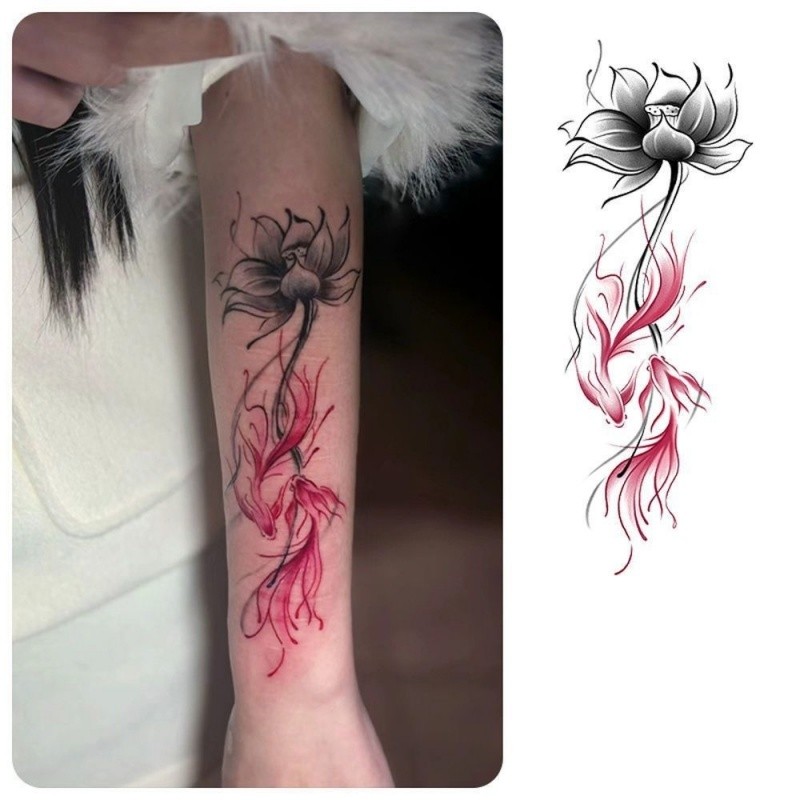 สติกเกอร์รอยสักลายดอกบัวสีดำสำหรับผู้หญิง ติดทนนานถึง 7 วัน - รูปที่ 2