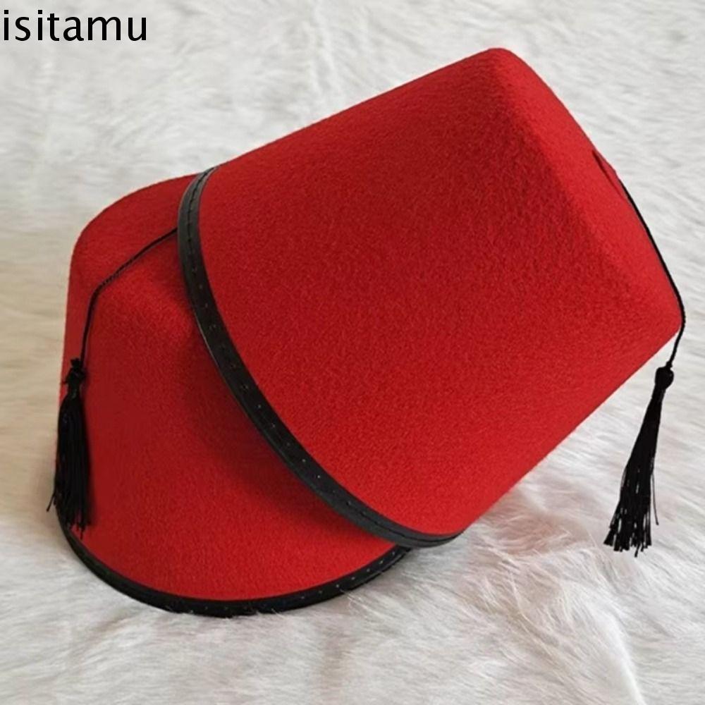 ISITAFT Felt Fez หมวกโมร็อกโกสีแดง Tarboosh Fez หมวก, เครื่องแต่งกายอุปกรณ์เสริมรอบ Breathable ออตโตมันตุรกี Tassels หมวกเทศกาลอุปกรณ์