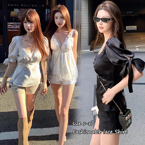 mimi&didi#เสื้อสีดำผ้าซาติน ทรงคอวีลึก เสื้อเชิ้ตดีเทลผูกโบว์ที่แขนทั้ง2ข้าง ดีไซน์กระชับเอว สำหรับผู้หญิง#99306