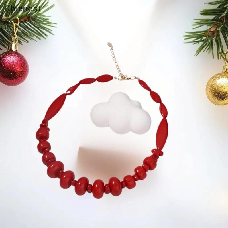 [Chc] อินเทรนด์วินเทจลูกปัดโซ่โบฮีเมียนสร้อยคอสําหรับผู้หญิงลูกปัดใหญ่ปะการังจี้เครื่องประดับ [VN]