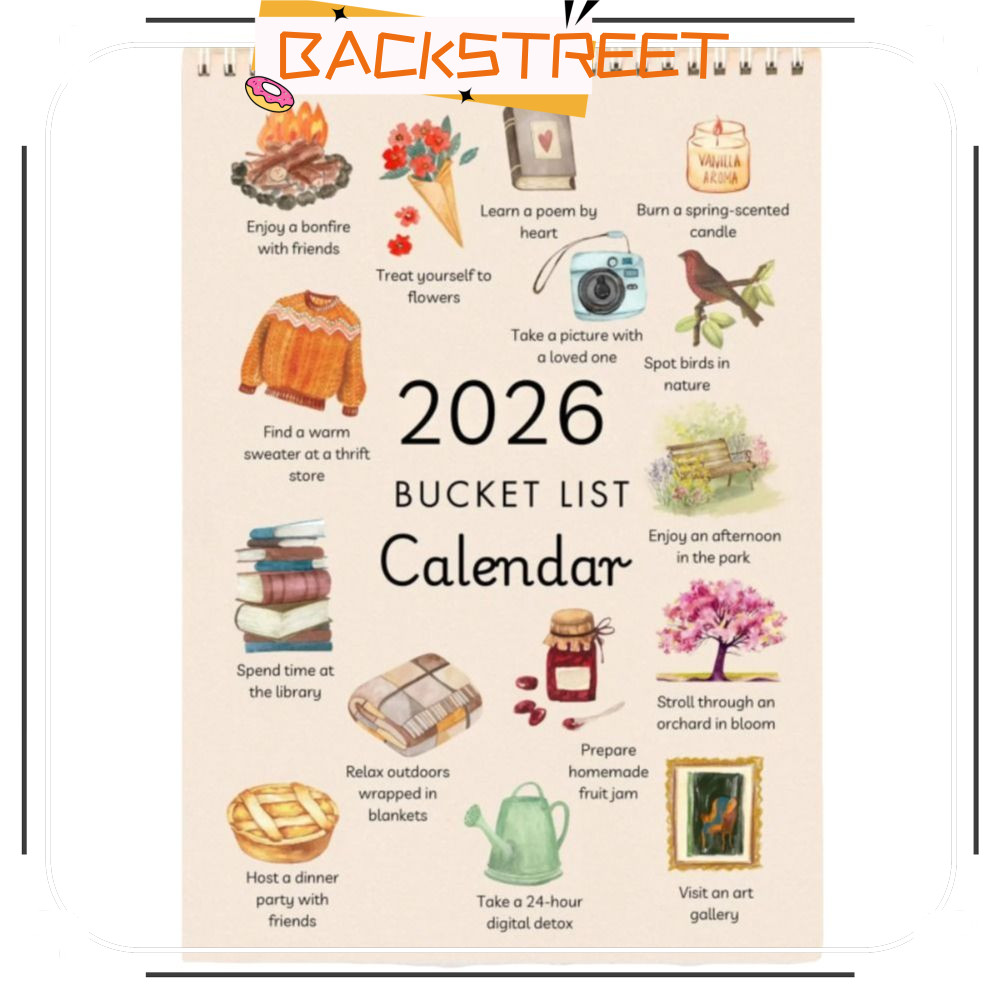 BACKSTAGE Bucket List Calendar, สีสันสไตล์เรียบง่าย 2026 Wall Calendar, Premium Notes Planer Wish li