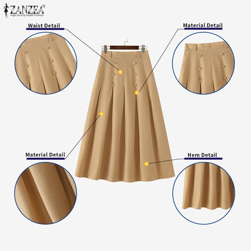 ZANZEA ผู้หญิงวินเทจสํานักงานอย่างเป็นทางการ OL เอวสูง Double-Breasted จีบ Midi A-Line Oversirt — صورة 7