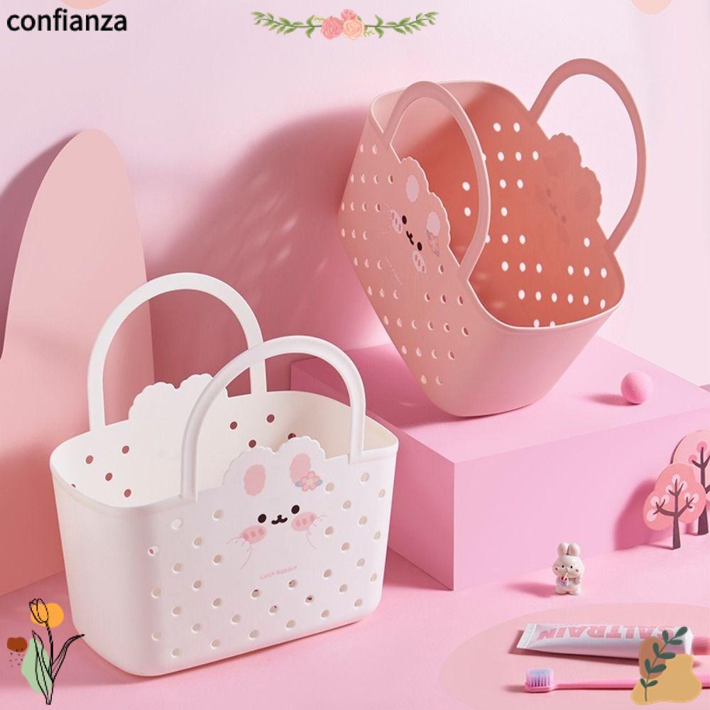 CONFIANZA ตะกร้าเก็บของ, การออกแบบที่ระบายน้ําได้ วัสดุนุ่มตะกร้าอาบน้ํา, สไตล์ Girly การออกแบบขั้นสูงความจุขนาดใหญ่ตะกร้าแบบพกพาอุปกรณ์อาบน้ําจัด