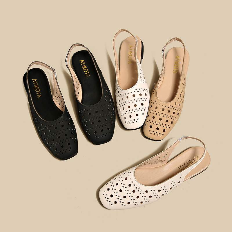 ผู้หญิง Slingback รองเท้าแตะแบนสแควร์ Toe Hollow Breathable ปรับสาย Anti Slip Soft Sole Casual Daily Office Commute Elegant อินเทรนด์รองเท้า