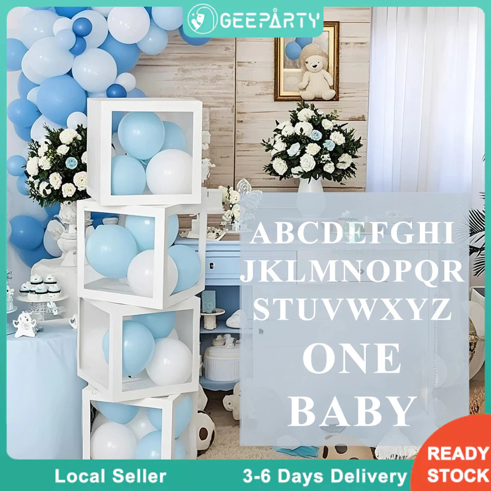 GeeParty กล่องบอลลูนโปร่งใส 25x25 ซม. สีขาว พร้อมสติ๊กเกอร์ตัวอักษร A-Z สำหรับวันเกิด งานแต่งงาน ปาร์ตี้ ตกแต่งงานเลี้ยง