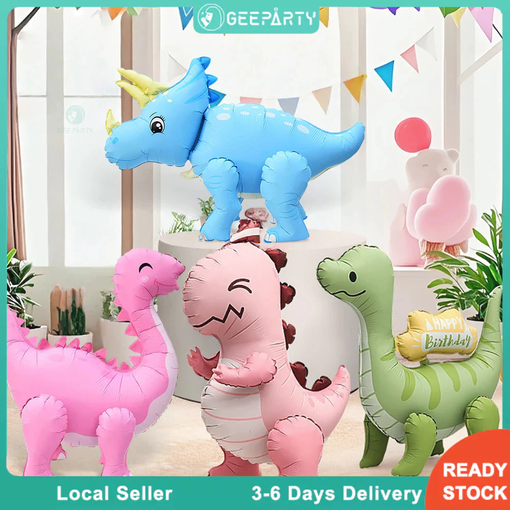 GeeParty ลูกโป่งฟอยล์ไดโนเสาร์ยืน 4 มิติ รูปทีเร็กซ์ บราซิโอซอรัส สีมาคารูน เติมฮีเลียมได้ สำหรับตกแต่งงานวันเกิด