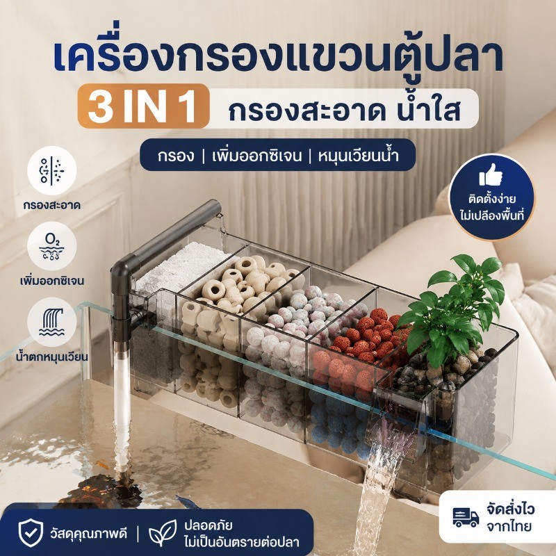 กรองน้ำตู้ปลา  กรองแขวนกรองขี้ปลา สิ่งสกปรกต่างๆ  ดูแลน้ำให้ในใสตลอดเวลา มีน้ำตก เพิ่มออกซิเจน