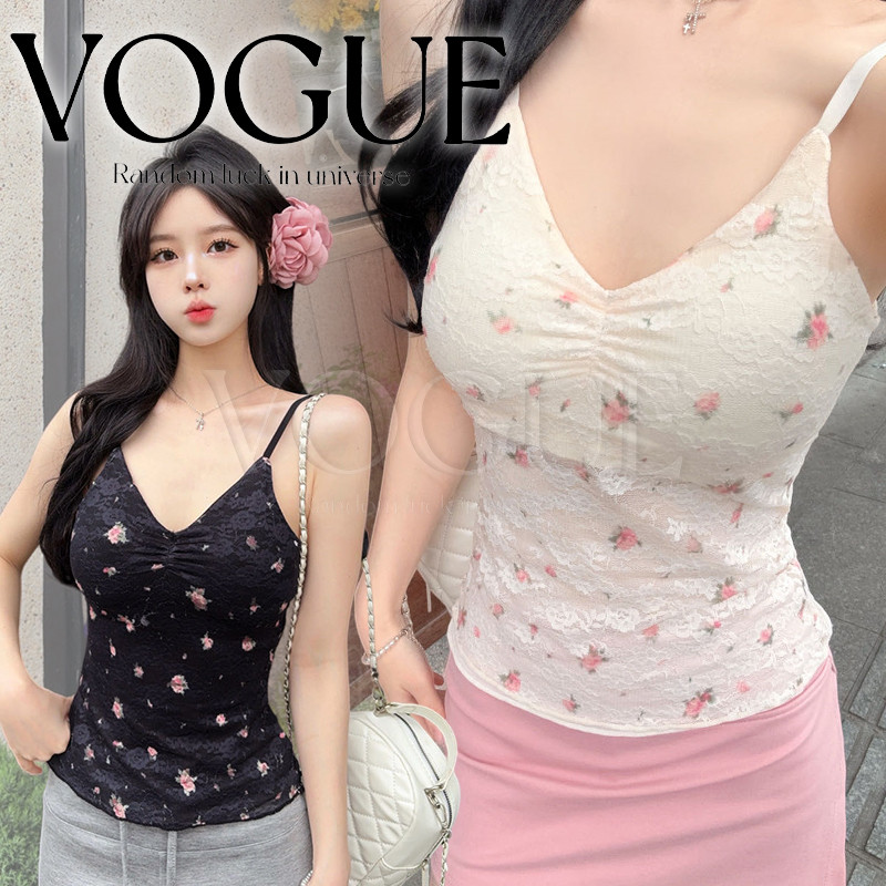 Vogue🌟พร้อมส่ง🌟 เสื้อสายเดี่ยวลายดอกไม้ เข้ารูปมีฟองน้ำในตัว ผ้านุ่มใส่สบาย (FY2009)
