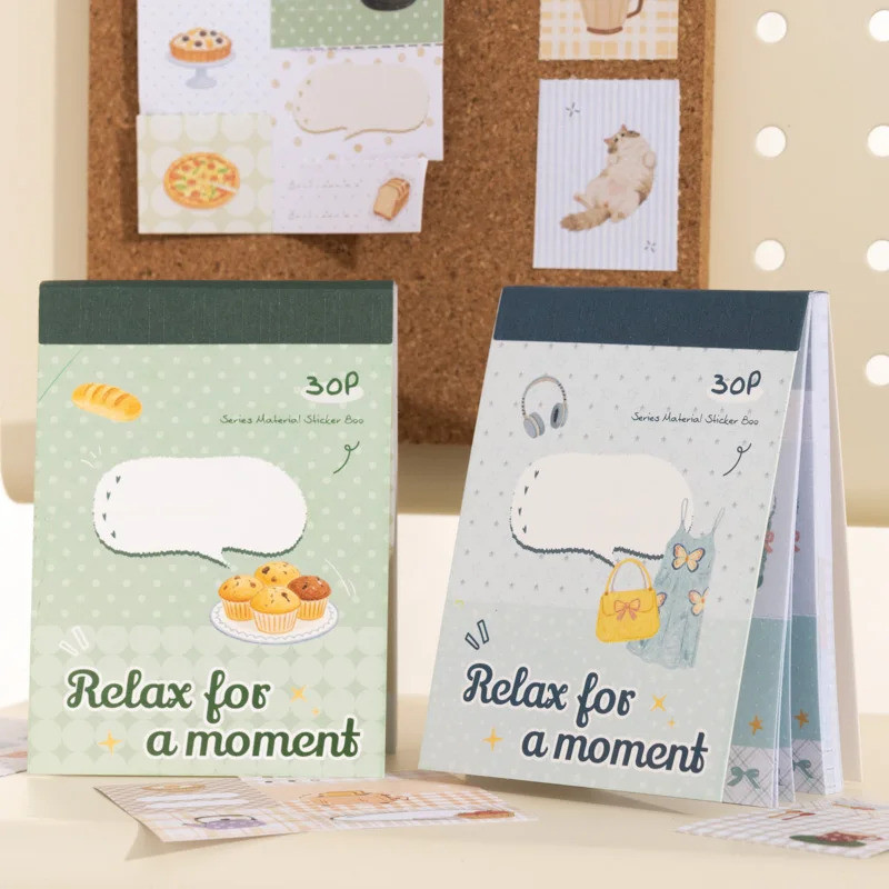 Journal GOo 30pcs ผ่อนคลายสําหรับ Momen น่ารักชีวิตยามว่างแมวกาแฟเค้กภูมิทัศน์สติกเกอร์หนังสือ DIY Journal Scrapbooking วัสดุ