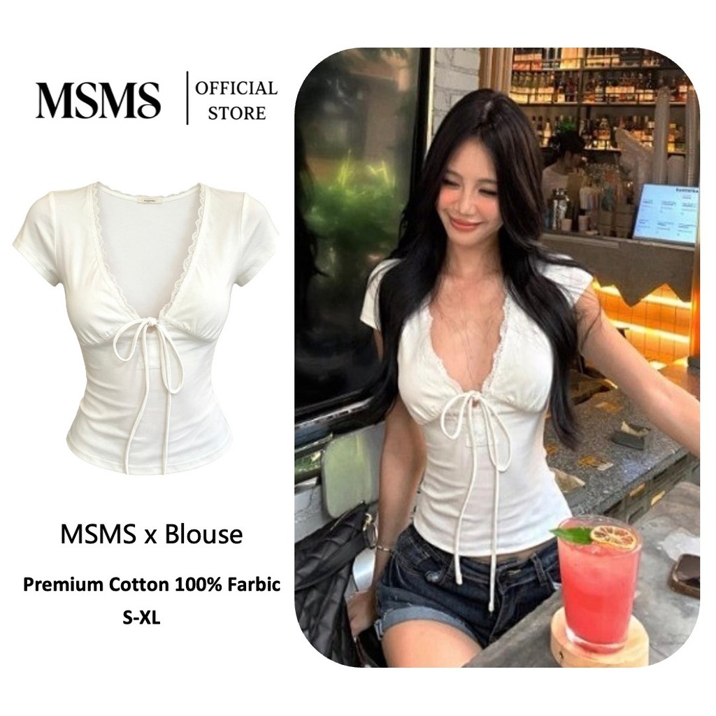 MSMS Light Mature สไตล์ลูกไม้เย็บ v คอแขนสั้นเสื้อยืดผู้หญิงฤดูร้อน Royal Sister สาวร้อนเซ็กซี่แน่นด้านบน
