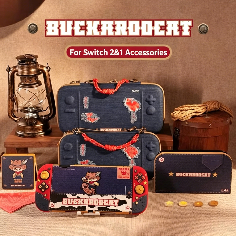 Denim Cat Themed อุปกรณ์เสริมสําหรับเล่นเกมสําหรับ Nintendo Switch 2 & 1 : เคสป้องกัน/ Thumb Grip Caps/ เคสการ์ดเกม / กระเป๋าเก็บของสําหรับ NS SWITCH OLED Console