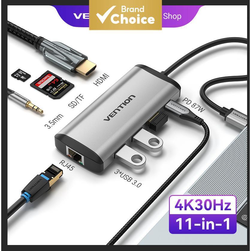 vention ฮับ USB C 9-in-1 ฮับ Type C จาก USB C เป็น HDMI, RJ45, USB3.0, 3.5mm, PD, เครื่องอ่านการ์ด S