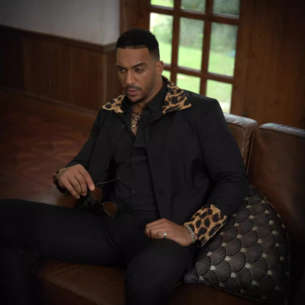 Cross-Border การค้าต่างประเทศผู้ชายเสือดาวพิมพ์ Blazer ยุโรปอเมริกันสีดํา Retro Single-Breasted Lape