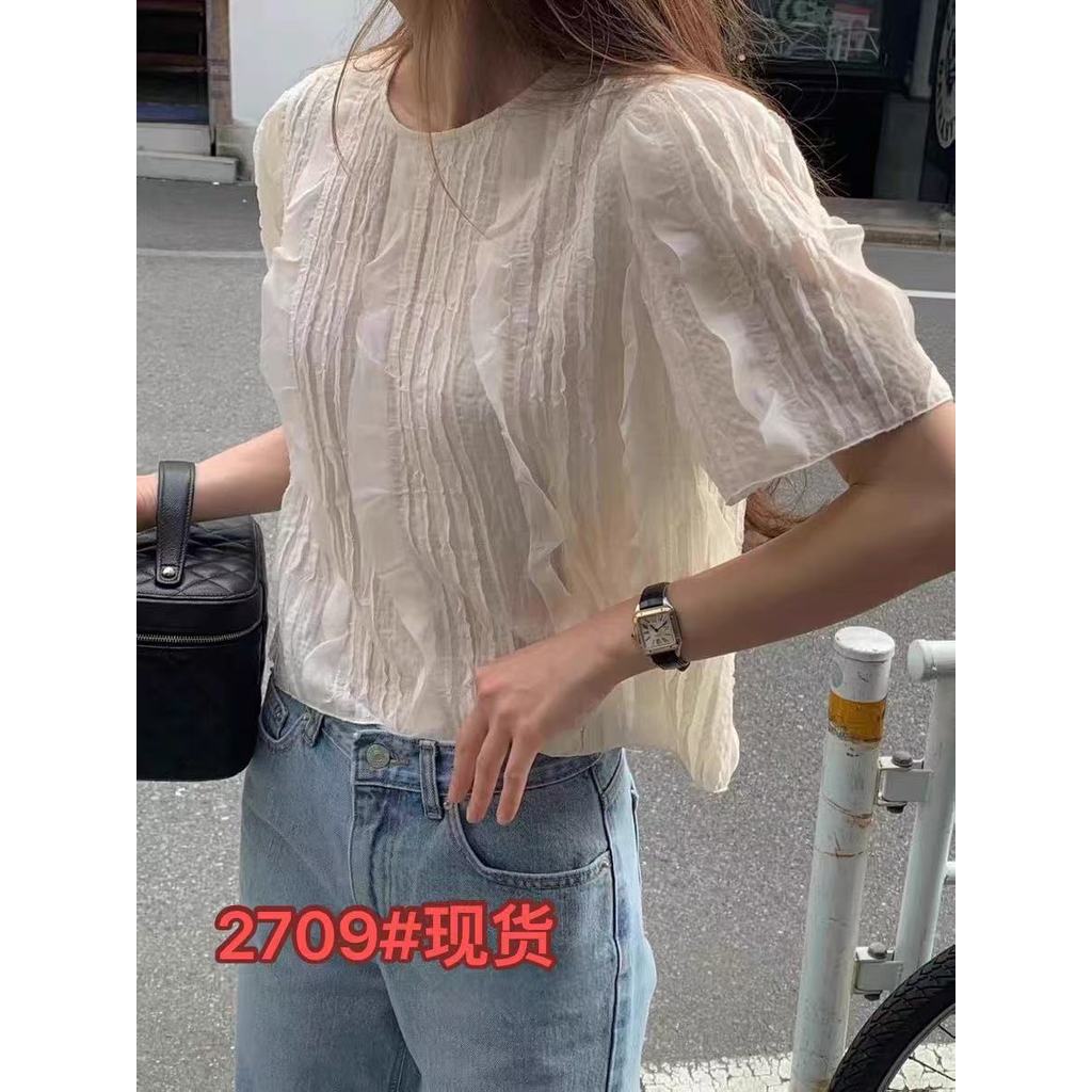 Ruffled เย็บรอบคอแขนสั้นเสื้อชีฟองเสื้อเกาหลีรุ่น Niche Design Feel Light Mature แฟชั่นสไตล์ด้านนอก 