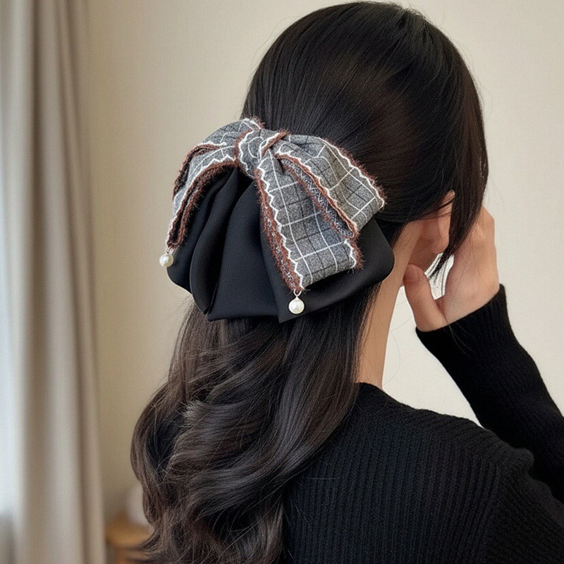 ย้อนยุคลายสก๊อตขนสัตว์โบว์ผมหางม้าหนีบแฟชั่นบุญฉลามคลิปอุปกรณ์ผมสําหรับผู้หญิง - รูปที่ 3