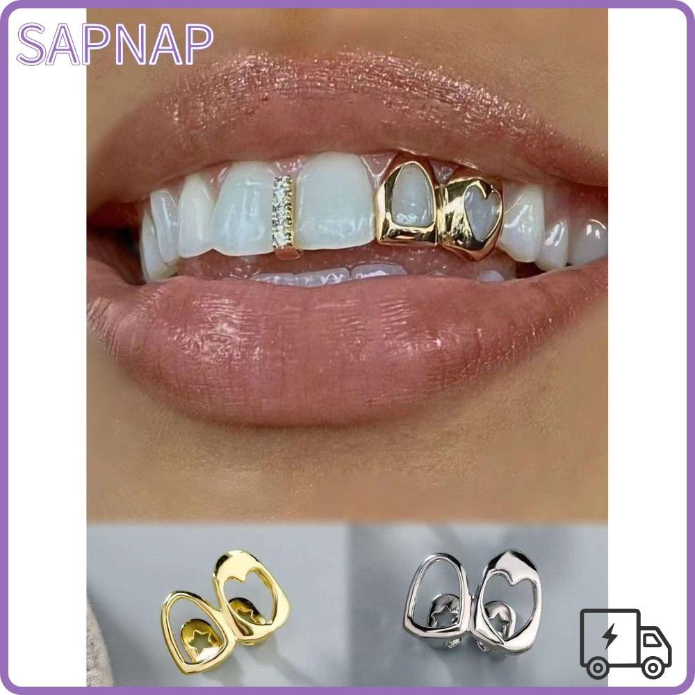 SAPNAP Hip Hop ฟัน Grillz, ทองแดง Hollow Heart Grillz, สีทองเงา Double Heart ฟันหมวกผู้หญิง