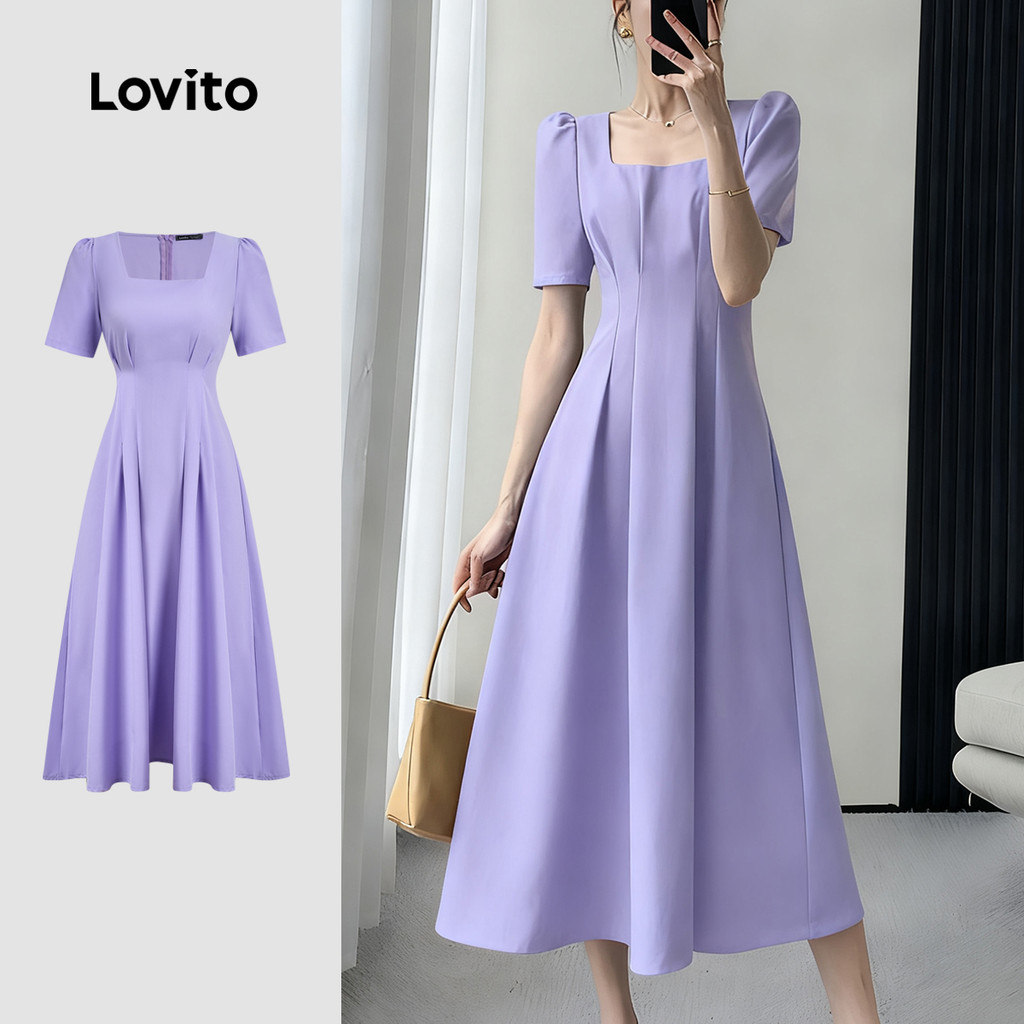 Lovito เดรสลําลองสําหรับผู้หญิง สีม่วง คอลเลคชั่นฤดูใบไม้ผลิ/ฤดูร้อน L164ED112