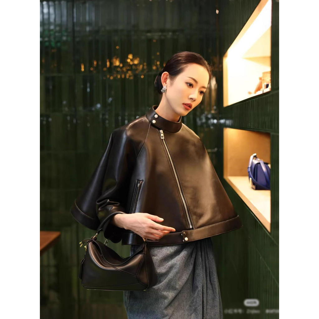 J4VP Loe** Women's Top2024Summer New Stand Collar Cape Sheepskin Jacket for Women, Loose Genuine Lea