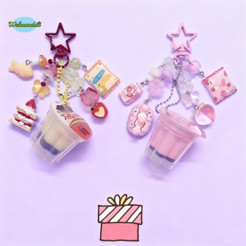 [WLB-t] 1 ชิ้นจําลองเรซิ่นพุดดิ้งเปิดพวงกุญแจสีชมพูสีเหลืองเค้กหวาน Charm Y2K Retro ความงามลูกปัดอุป