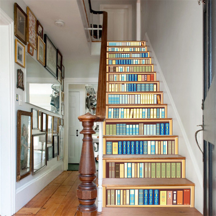 ข้ามพรมแดนจําลองสดชั้นวางหนังสือบันไดตกแต่งสติ๊กเกอร์ติดผนังกาวในตัวภาพจิตรกรรมฝาผนังพีวีซีที่ถอดออก