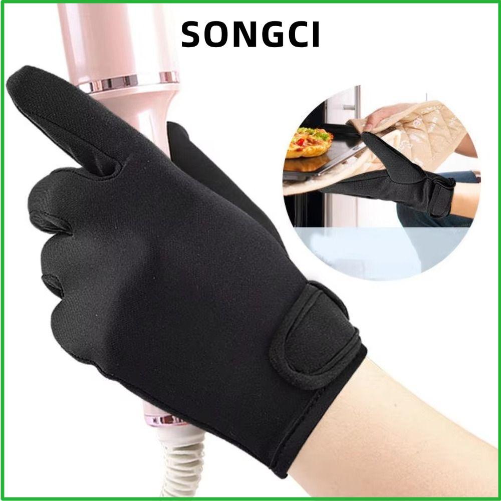 SONGCI ถุงมือทนความร้อน, ถุงมือไม้กายสิทธิ์ดัดผม 5 นิ้วสีดํา, เครื่องมือจัดแต่งทรงผมแบบใช้ซ้ําได้