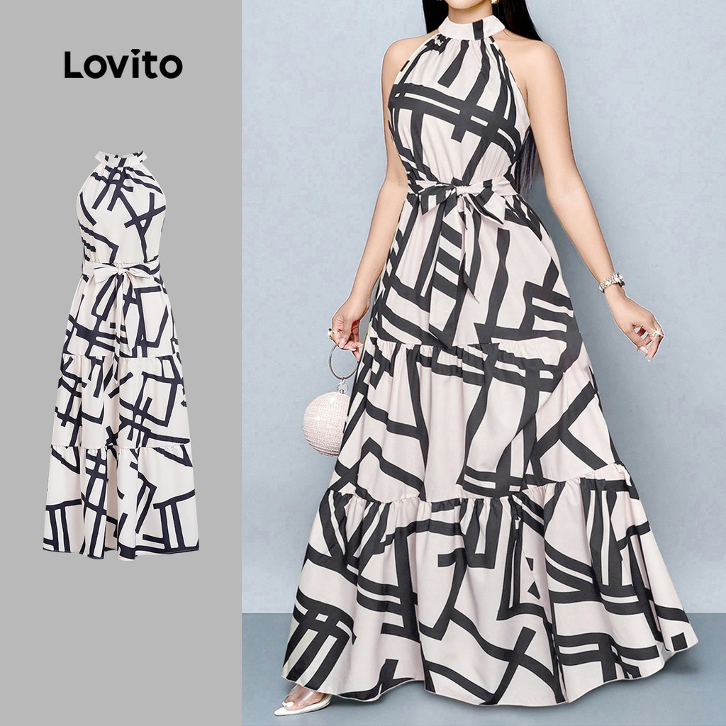 Lovito เดรสโบโฮ เดรสรีสอร์ทลายเรขาคณิต สไตล์ฤดูใบไม้ผลิ/ฤดูร้อน สําหรับผู้หญิง LK4LD356