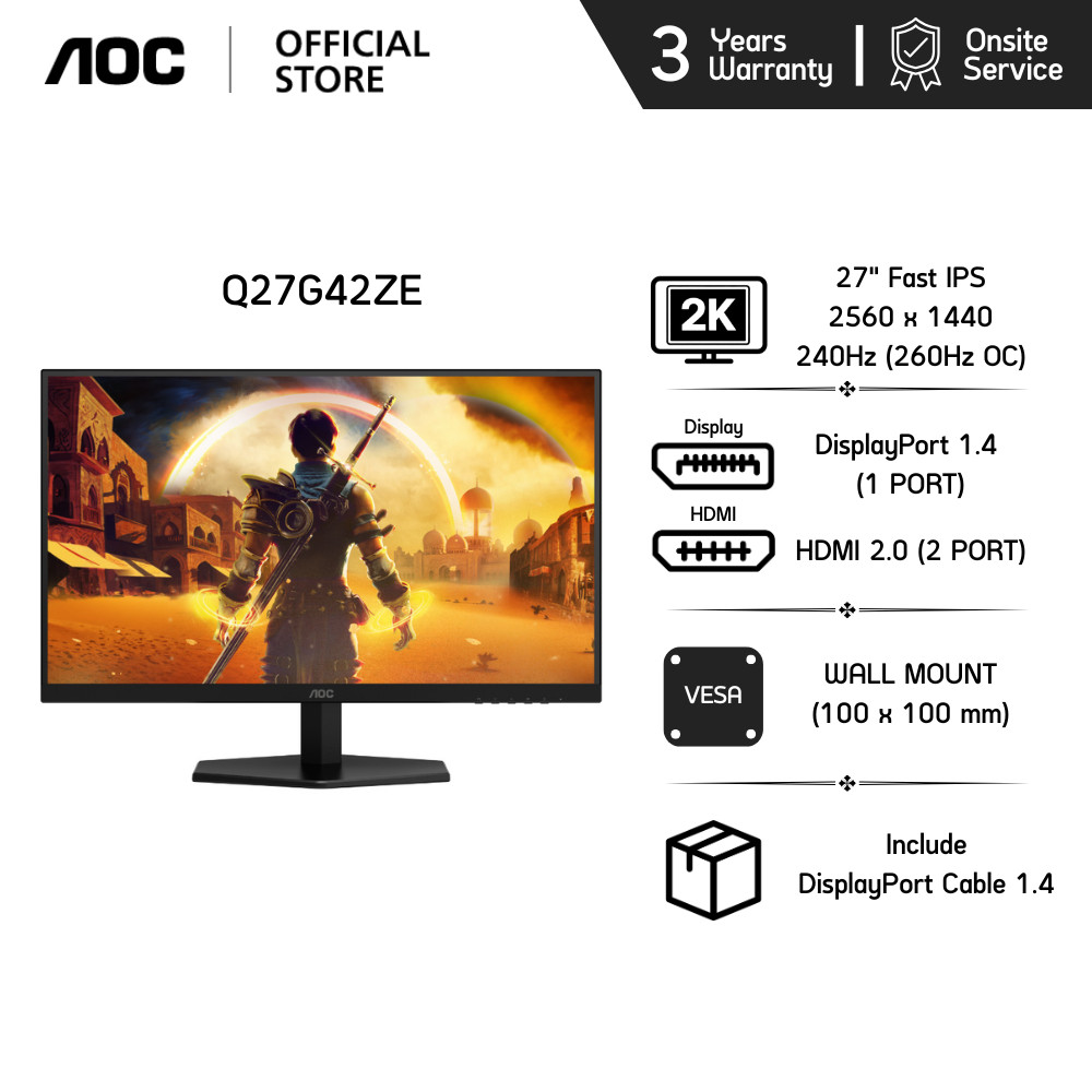AOC Q27G42ZE/67 GAMING MONITOR (เกมมิ่งมอนิเตอร์) 27" FAST IPS 240Hz (OC 260hz) 2K