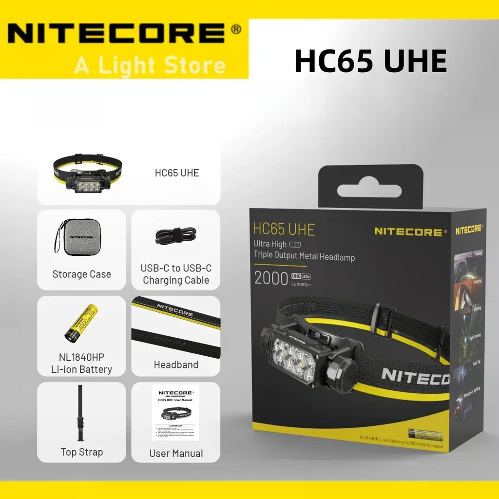 NITECORE HC65 UHE ไฟหน้า 2000 ลูเมน USB-C ไฟหน้า LED แบบชาร์จไฟได้แหล่งสามแสง Triple Output Outdoor 