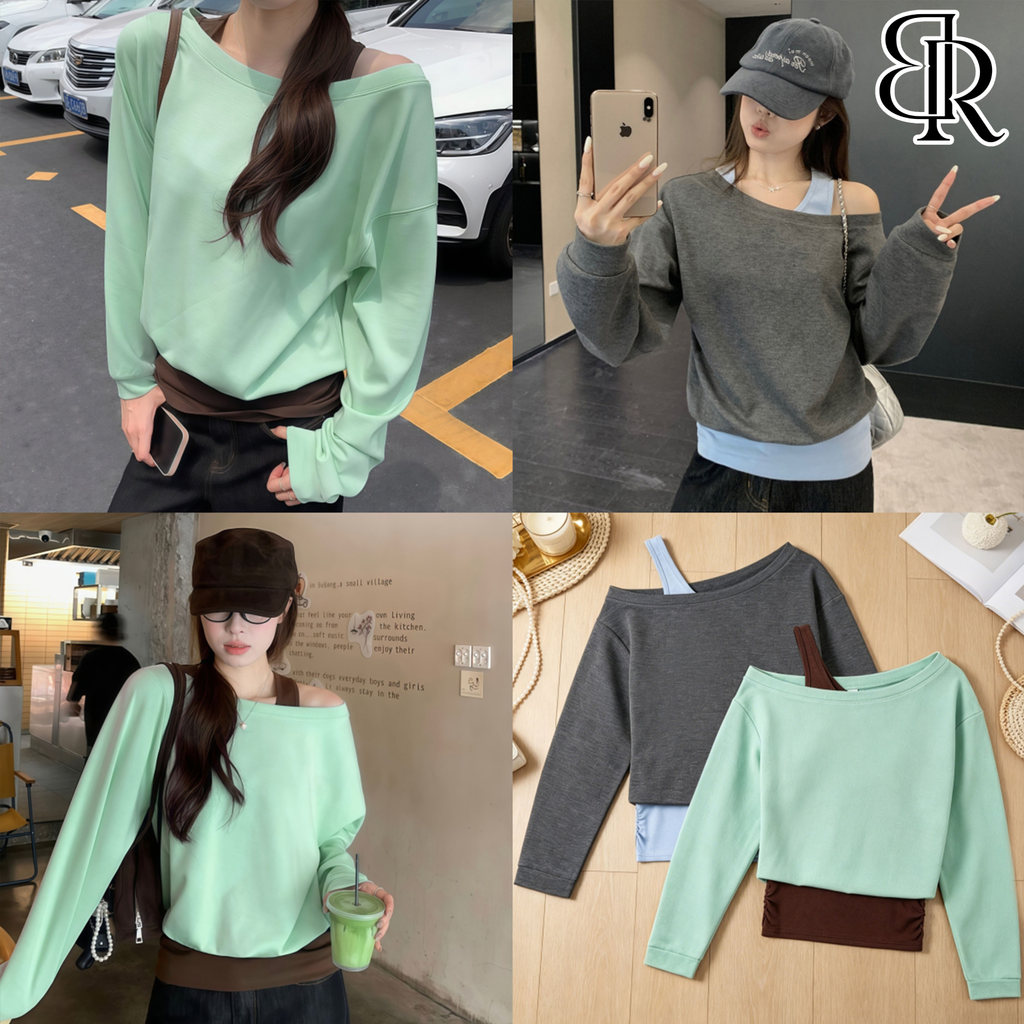 B&R พร้อมส่ง เสื้อสองชิ้นสไตล์เกาหลีแบบสีตัดกัน เสื้อยืดแขนยาวเปิดไหล่ ทรงหลวม ผ้านุ่ม ยืดหยุ่น