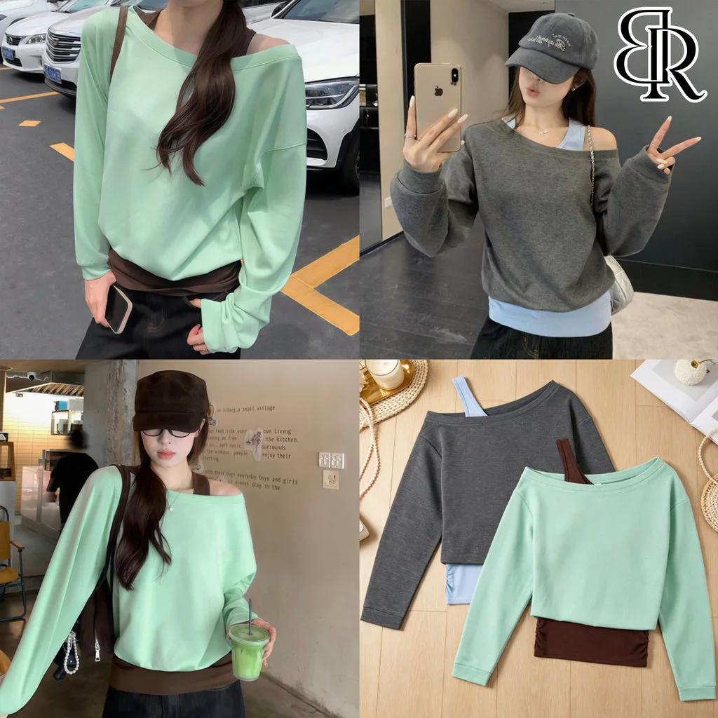 B&R พร้อมส่ง เสื้อสองชิ้นสไตล์เกาหลีแบบสีตัดกัน เสื้อยืดแขนยาวเปิดไหล่ ทรงหลวม ผ้านุ่ม ยืดหยุ่น