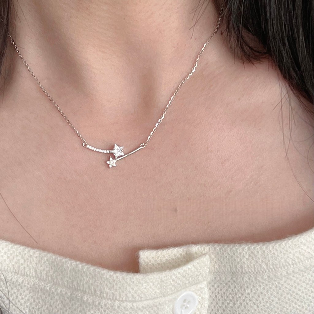 Silver Double Star Encounter สร้อยคอเพทาย Clavicle Chain Classy Super กระพริบเวอร์ชั่นเกาหลี ins สร้อยคอ