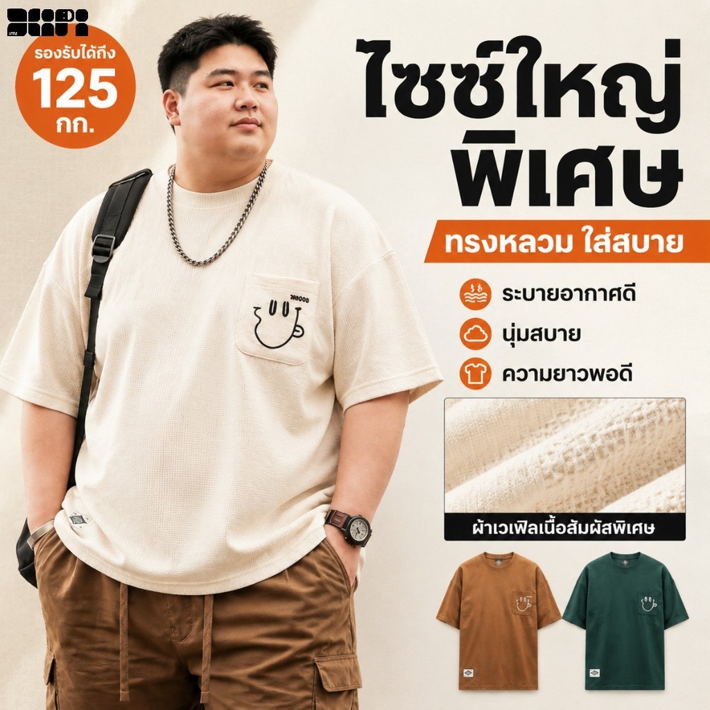 เสื้อยืดผู้ชายขนาดบวก5เอ็กแอล-8เอ็กแอล หลวมพอดีผ้านิ่มใส่สบายพร้อมกระเป๋าเสื้อกีฬาถุง