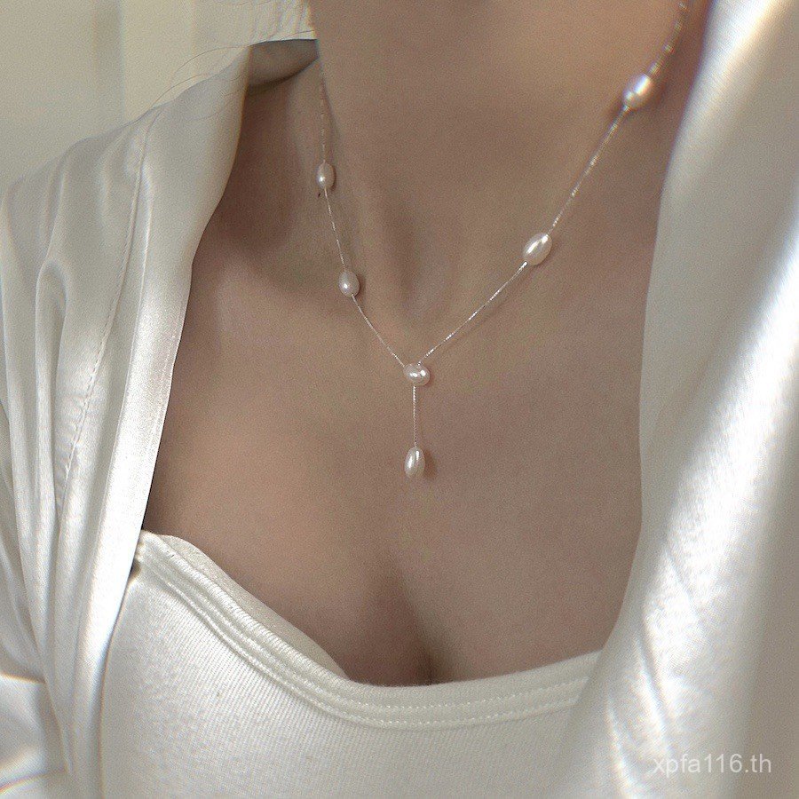 หรูหรา Niche S925 น้ําจืด Gentle Pearl Clavicle CHAIN Elegant สไตล์ Y-Shaped Simple การออกแบบธรรมชาต